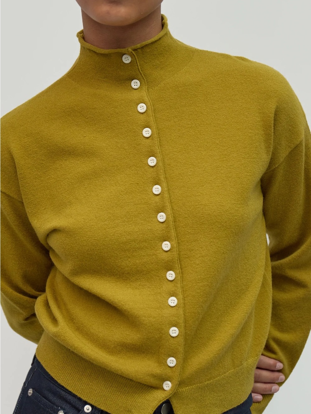 High-Neck Olive Button-Front Cardigan Sweater